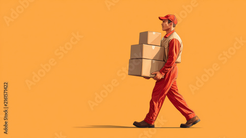 Delivery worker in red uniform carries stack of cardboard boxes across orange background