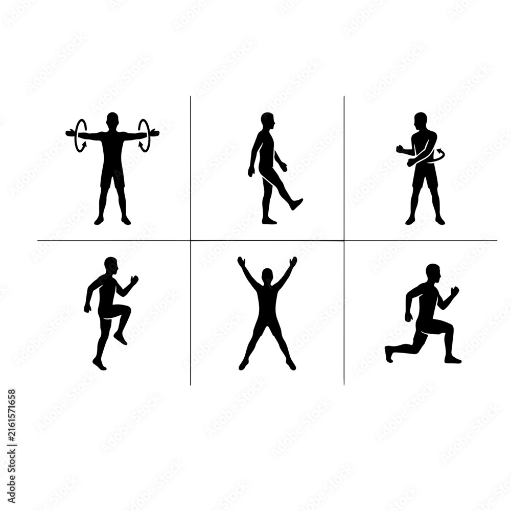 Obraz premium Set of black silhouette vector icons showing warm-up exercises arm circles leg swings torso twists high knees jumping jacks lunges with exercise stretching silhouette movement activity mobility
