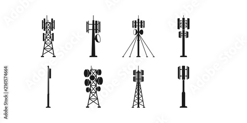 Cellular Communication Tower Icon Set With Minimal Black Silhouette Symbols For Mobile Network Telecommunications And Wireless Connectivity