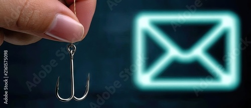 Email phishing concept showing a hook and envelope graphic in dark setting