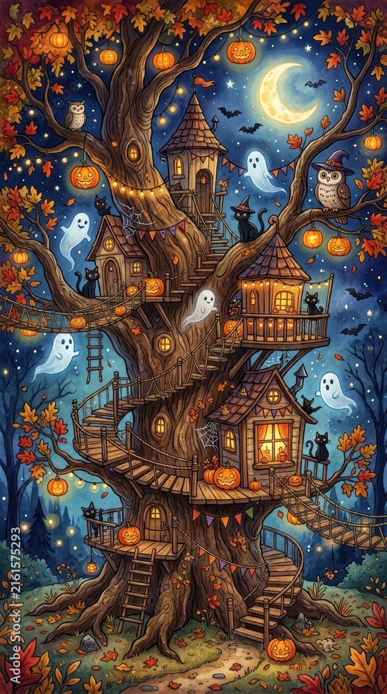 Fototapeta premium Whimsical halloween treehouse with glowing pumpkins, friendly ghosts, and black cats under a crescent moon in an enchanted autumn forest at night