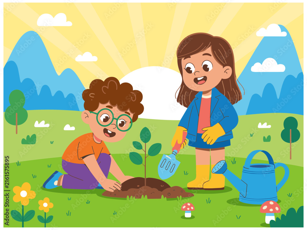 Fototapeta premium Cute Cartoon Children Planting a Tree in Meadow at Sunrise with Shovel and Watering Can for Earth Day Vector Illustration Design