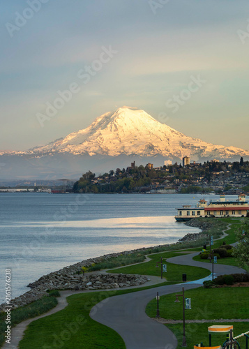 Dusk on Puget Sound in Washington State with Mt. Rainier 