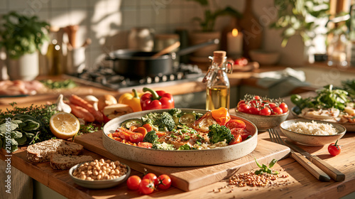 Modern kitchen promoting heart-healthy cooking and balanced nutrition following DASH dietary principles.