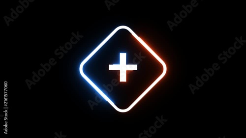 Glowing plus sign animation with neon rounded square outline on solid black background loop.