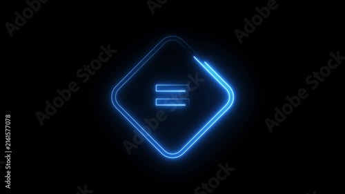Neon blue equal sign glowing inside a diamond shape against a solid black background loop.