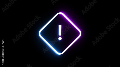 Neon exclamation point diamond sign glowing with blue and purple light on black background.