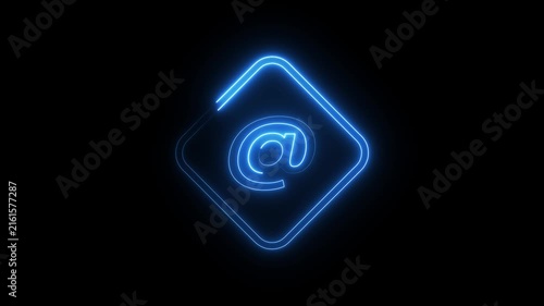 Email at symbol neon glowing blue light animation on black background for digital contact.