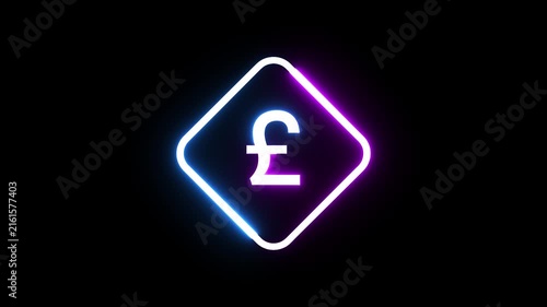 Neon glowing pound currency sign rotating inside rhombus shape dark background motion art.
