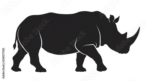 Minimalist black silhouette graphic featuring a walking rhinoceros isolated against a clean white background with displays sharp minimalist profile against plain