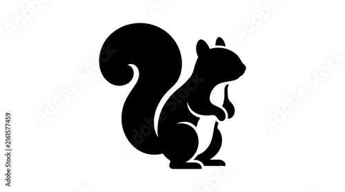 Minimalist black silhouette of a standing squirrel featuring a large bushy tail design element with displays clean minimalist background vector graphic