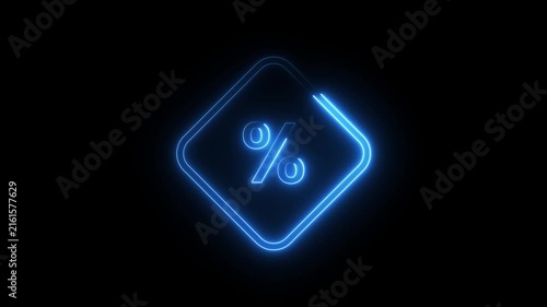 Neon blue percentage symbol icon glowing inside rounded diamond frame on black background.