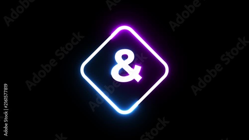 Ampersand symbol glowing inside blue and purple neon diamond frame on black background loop.