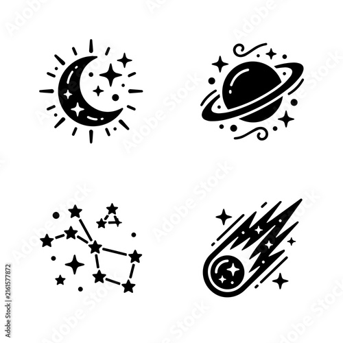 Four black silhouette space including a crescent moon with stars, a planet with rings, a constellation, and a comet on white