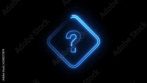 Blue neon question mark symbol glowing within rhombus frame on black background animation.