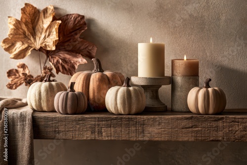 Close up of small decorative pumpkins arranged on rustic wooden shelf with dried autumn leaves and warm candles in cozy room for seasonal home interior decor styling concept