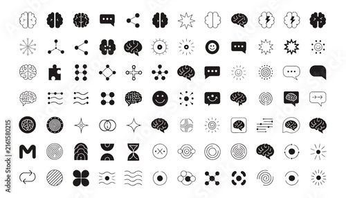 Set of various brain and mind related icons in a minimalist flat style.