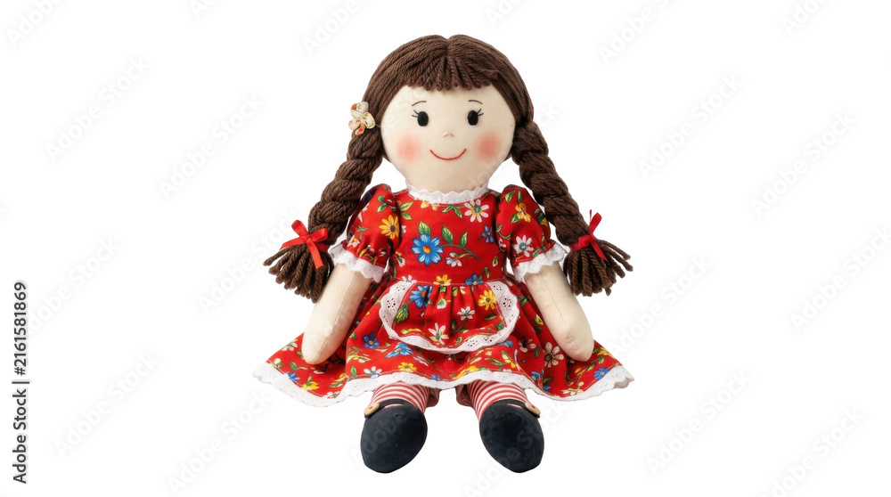 Fototapeta premium Cute Rag Doll with Braids and Red Floral Dress PNG Isolated on transparent background