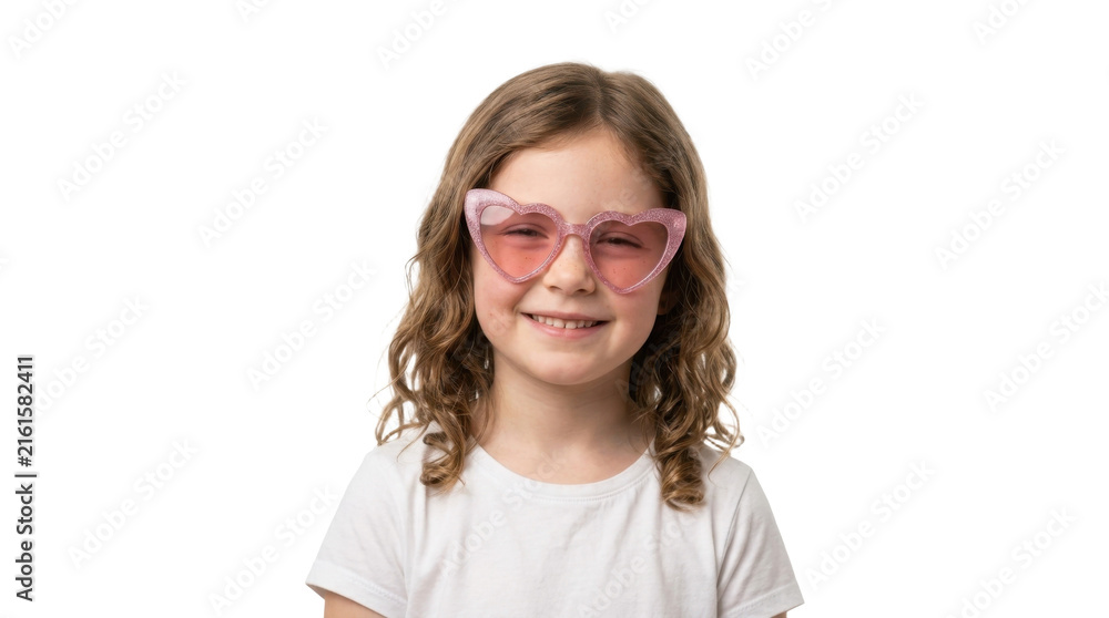 Fototapeta premium Young girl with curly hair wearing pink heart shaped glitter sunglasses and a white t-shirt PNG Isolated on transparent background