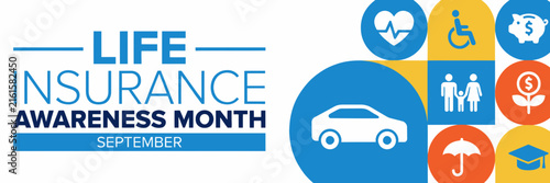 Life insurance awareness month concept with protection icons and family security symbols