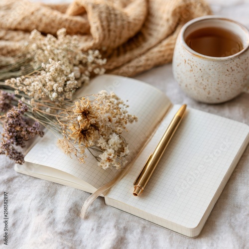 Close up flat lay of a mindfulness journaling setup with an open notebook, pen, dried flowers, and warm tea on linen, showing how people practice self care through quiet reflection