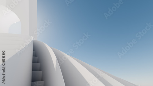 White minimalist architecture with smooth curved walls, dome and stairs against clear blue sky, modern mediterranean style 3D render background with copy space for presentation design