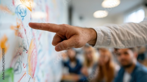Close up of a teacher's hand pointing at a colorful educational diagram on a whiteboard with students in the background, showing how educators explain lessons in modern classrooms today