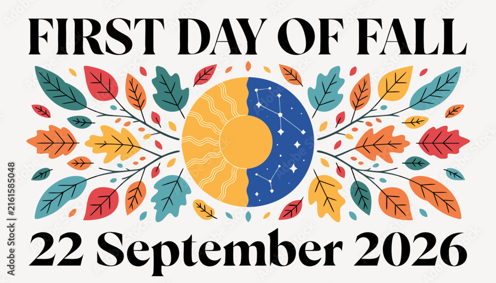 Naklejka premium First day of fall 22 september 2026 greeting card design