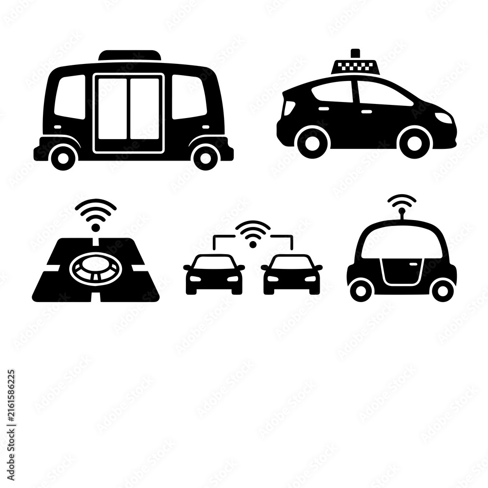 Fototapeta premium Set of black silhouette depicting autonomous vehicles, self-driving cars, wireless connectivity, and smart transportation technology