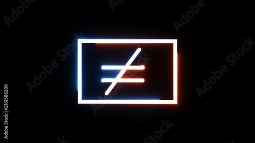 Neon unequal symbol glowing with changing colors in rectangular frame on black background.