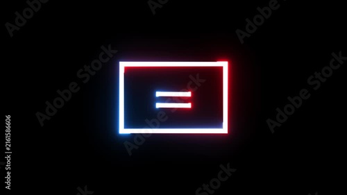 Neon glowing equal sign icon flickering with digital chromatic aberration on black space.