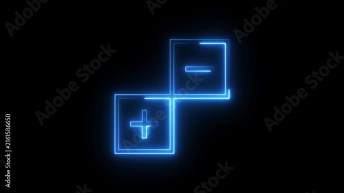 Neon blue plus and minus math symbols glowing in dark space motion graphics background clip.