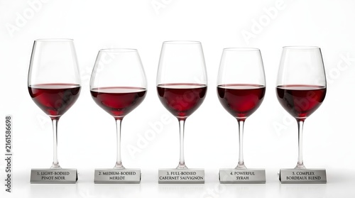 Five Red Wine Glasses Filled with Red Wine, Bordeaux Burgundy Cabernet and Universal Glass Collection