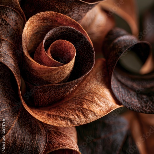 Macro close up shot of curled dry autumn leaves with rich orange and brown crackled surface textures lying on ground in natural daylight for seasonal organic texture background concept