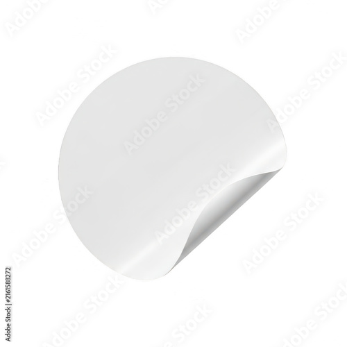 Blank white round sticker with curled corner isolated on white background