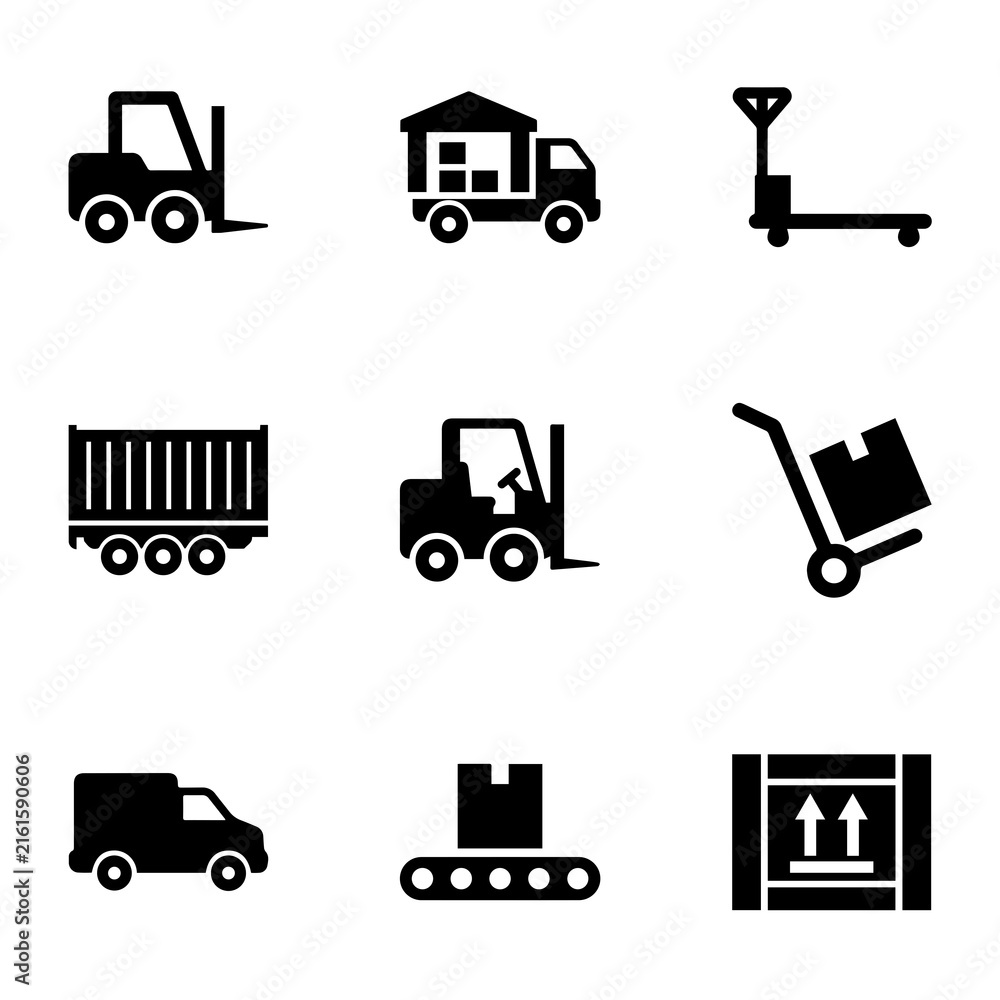 Fototapeta premium Set of black silhouette representing logistics and warehouse equipment including forklifts, delivery trucks, pallet jacks, and cargo