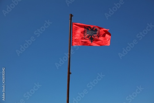 Foto Flag of Albania. National flag in the wind.