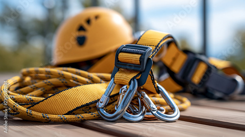 Full-body fall protection harness with safety belt, hooks and lifeline equipment arranged on a construction platform, working at height, occupational safety, fall prevention, PPE