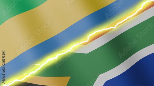 Two waving flags Gabon and South Africa with diagonal lightning seamless, 4k loop