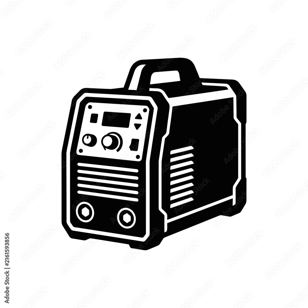 Fototapeta premium Clean Black and White Line Drawing of a Portable Inverter Welder Machine with Controls and Ventilation Slots