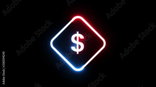 Neon dollar sign glowing in red and blue colors inside a rounded diamond shape animation.