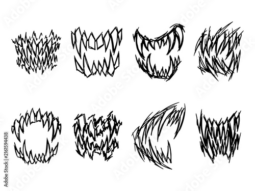 Scary monster teeth sketch set featuring sharp fangs for horror and Halloween character design use.