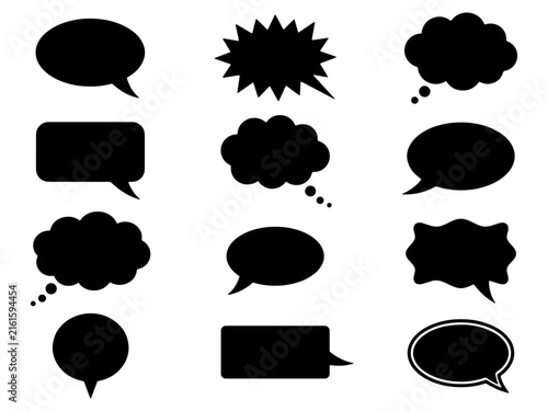Speech bubble black icon set featuring various cloud shapes for chat messages and comic book art.