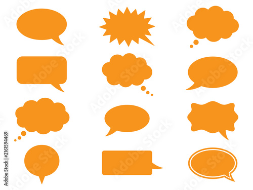 Orange speech bubbles collection with diverse shapes for creative text communication design projects.