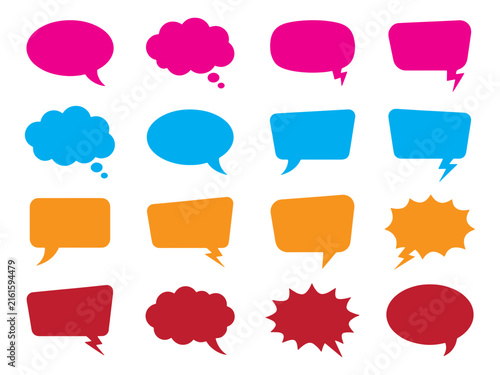 Colorful speech bubble collection with diverse vibrant frames for creative text communication design.
