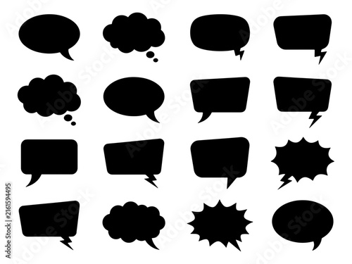 Black speech bubble collection with comic style dialogue frames for diverse graphic design projects.