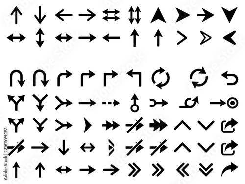 Black arrow icon set with directional symbols for navigation interface design on transparent background.