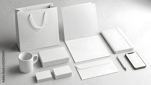 Corporate branding stationery set featuring white shopping bag notebook mug and business cards for identity design.