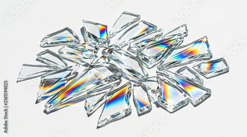 shattered glass pieces with rainbow reflections on white background