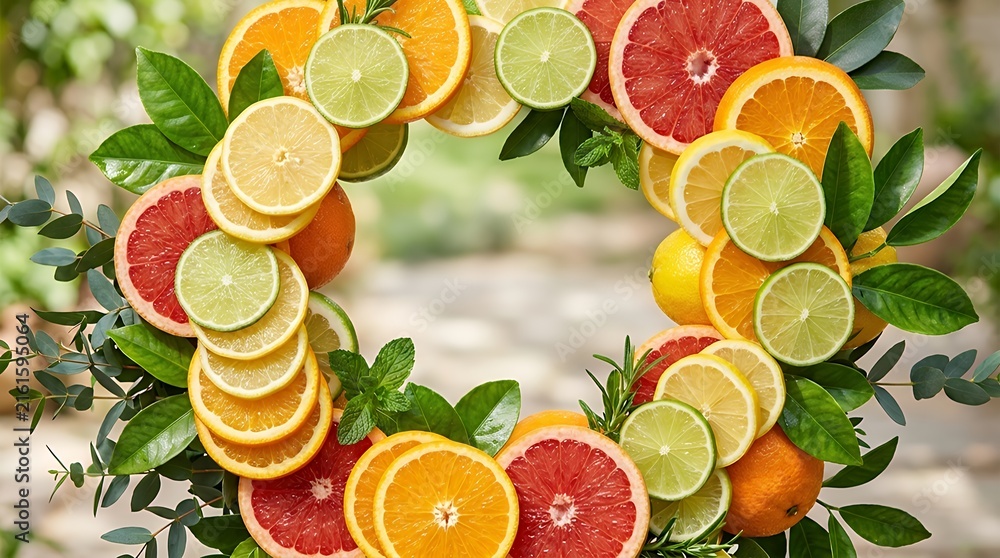 Vibrant citrus thematic template featuring glossy layered produce slices and rich foliage card label packaging poster menu promotion summer juice orange citrus fruit slice leaf foliage mesh gradient